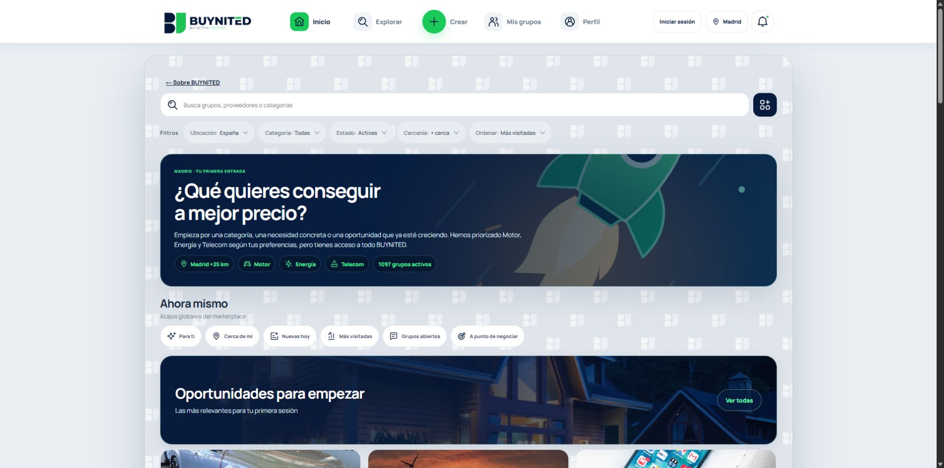 Home de BUYNITED: categorías, comunidades destacadas, grupos recién publicados y proveedores